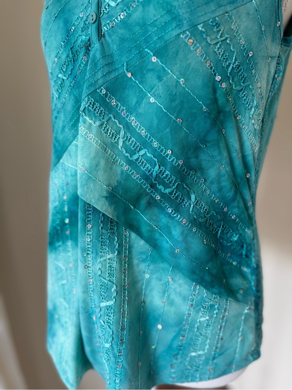 Vintage Y2K Tank Top Fairycore cami Teal Beaded Sleeveless mermaidcore S - Picture 5 of 10